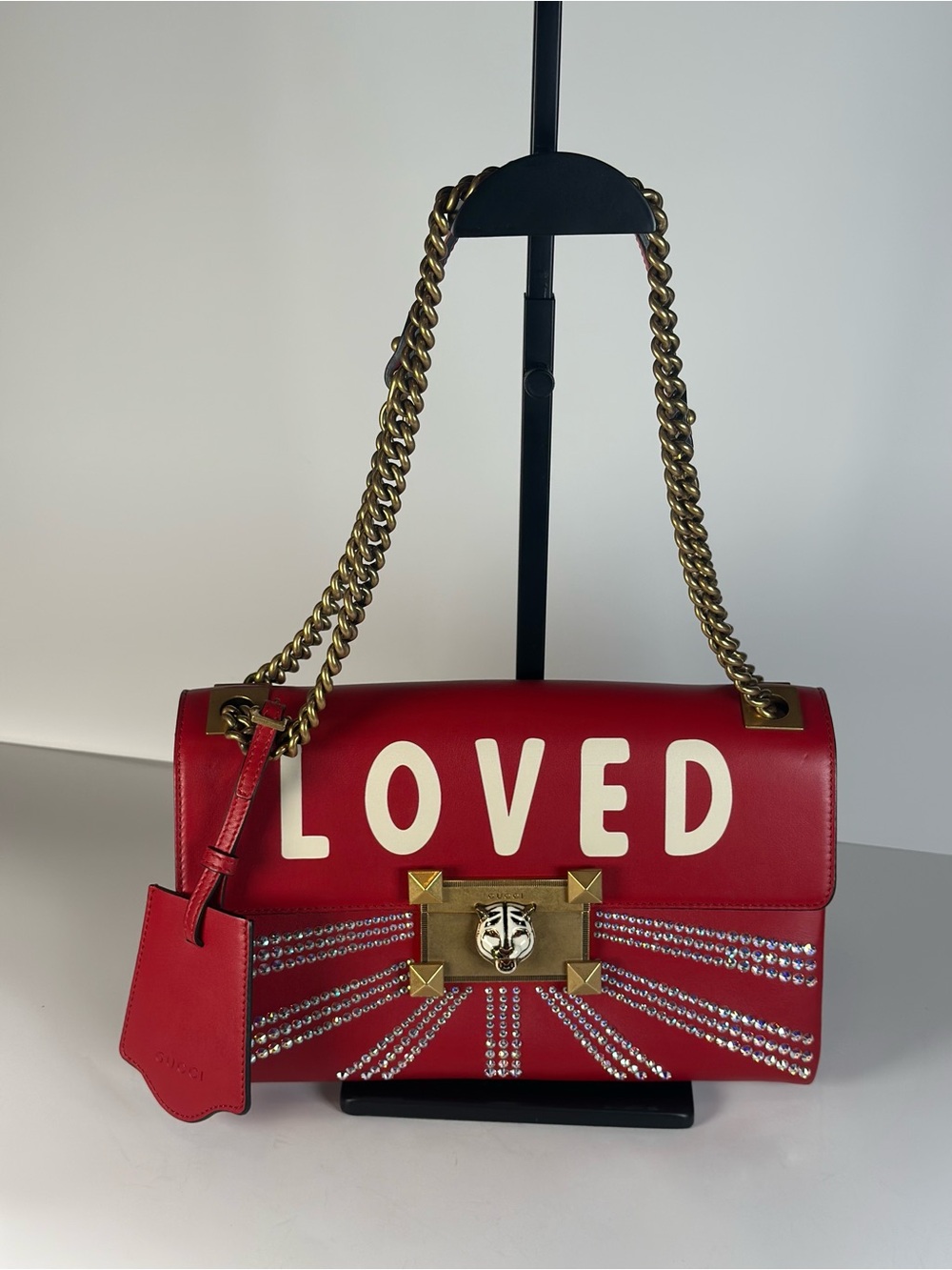 Authentic Gucci Red 'LOVED' Crystal-Embellished Shoulder Bag